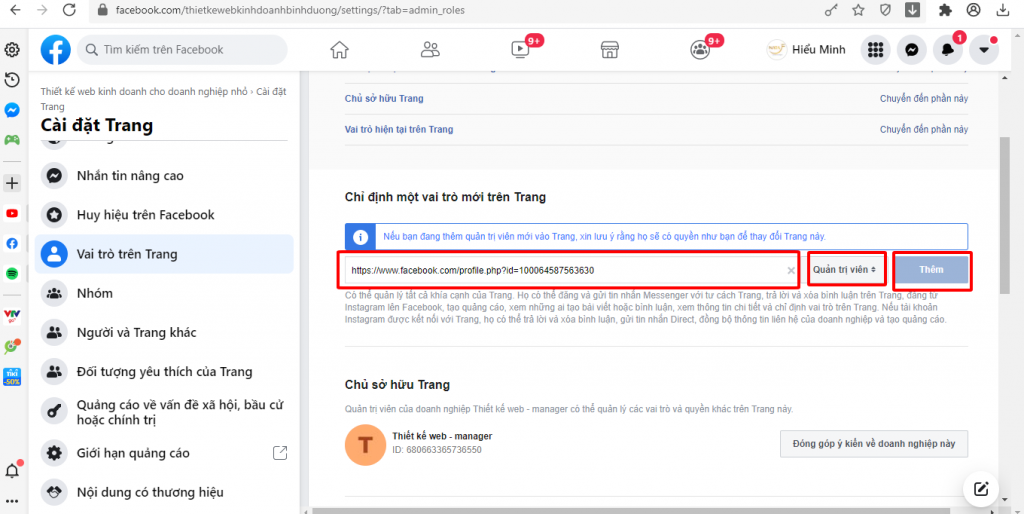 Chỉ định vai trò trên trang Fanpage