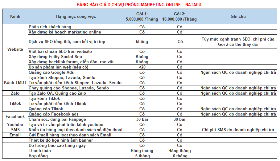 Bảng báo giá phòng marketing tổng thể thuê ngoài - NATAFU